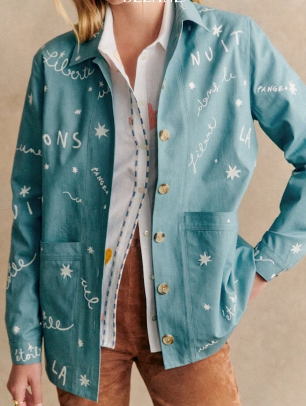 S Sézane x Pangea Will Chore Jacket Embroidery Written Out